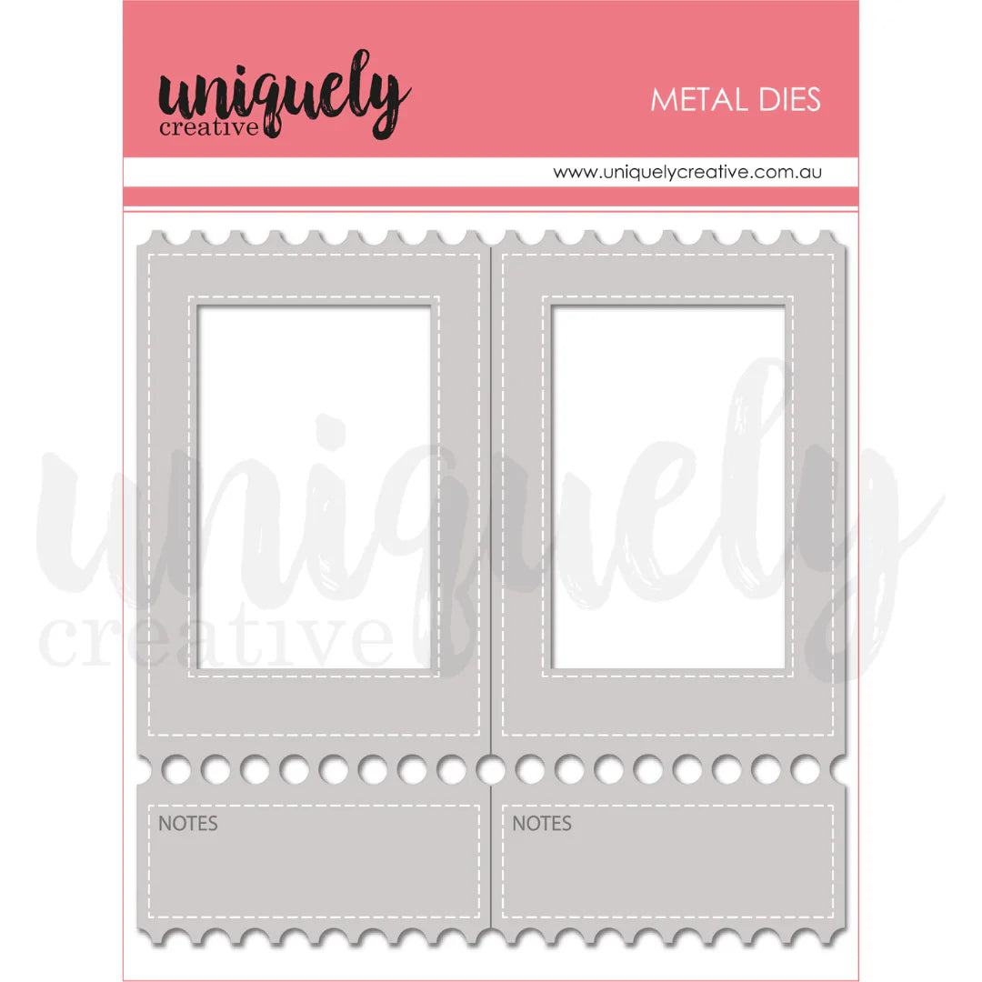 Metal dies with 'uniquely creative' branding on a pink background
