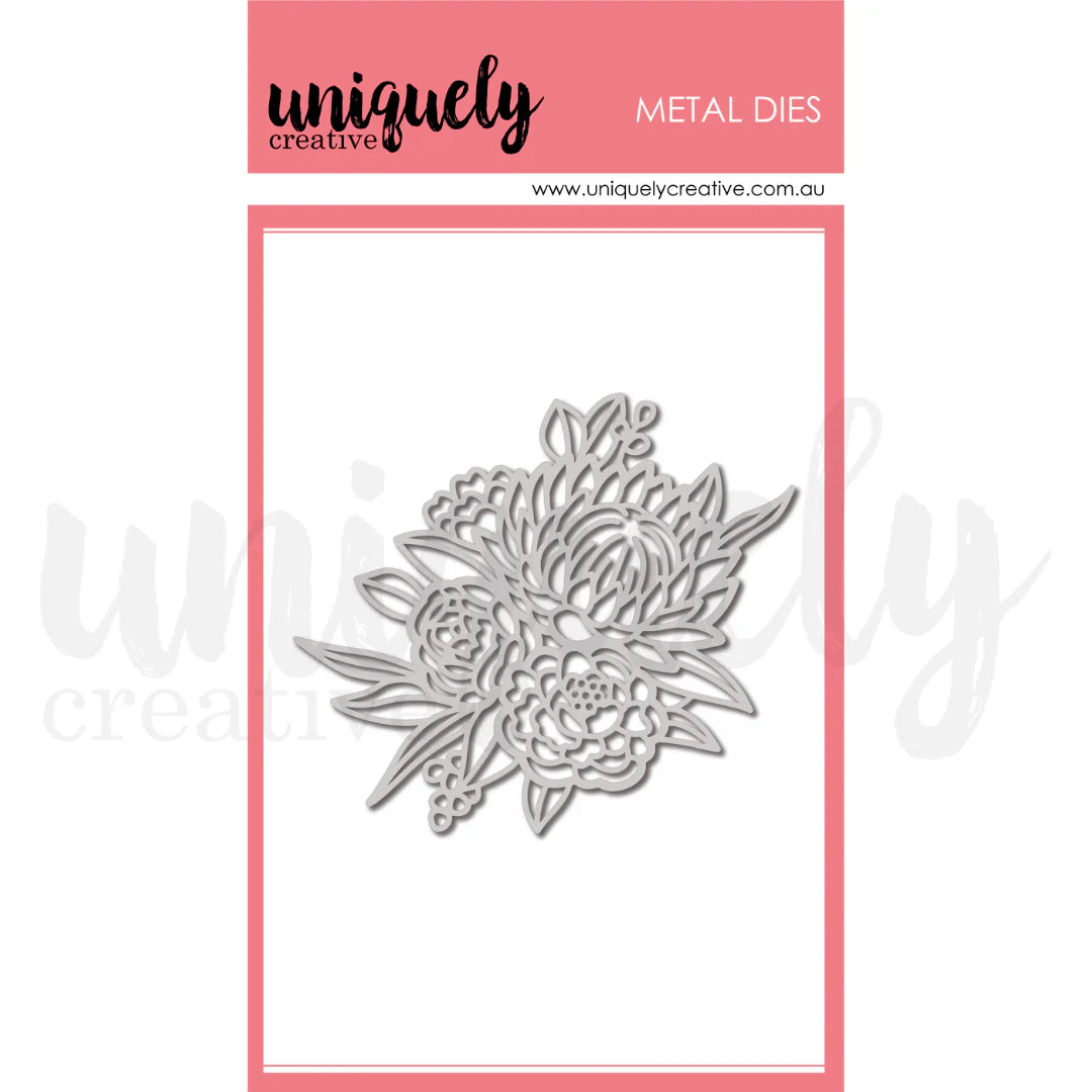 Metal die with floral design on a white background with pink border
