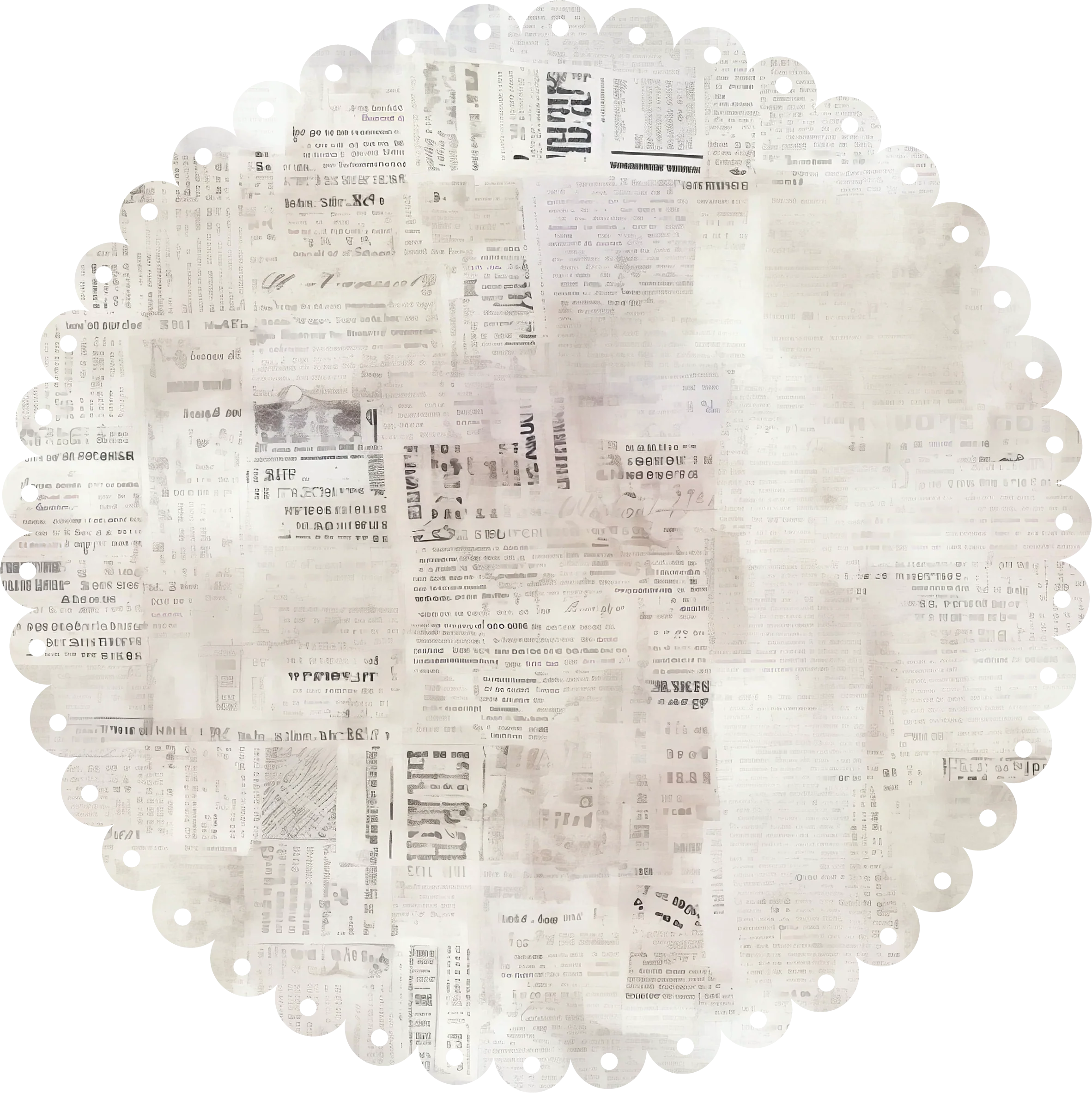 Round placemat with newspaper print pattern on a white background