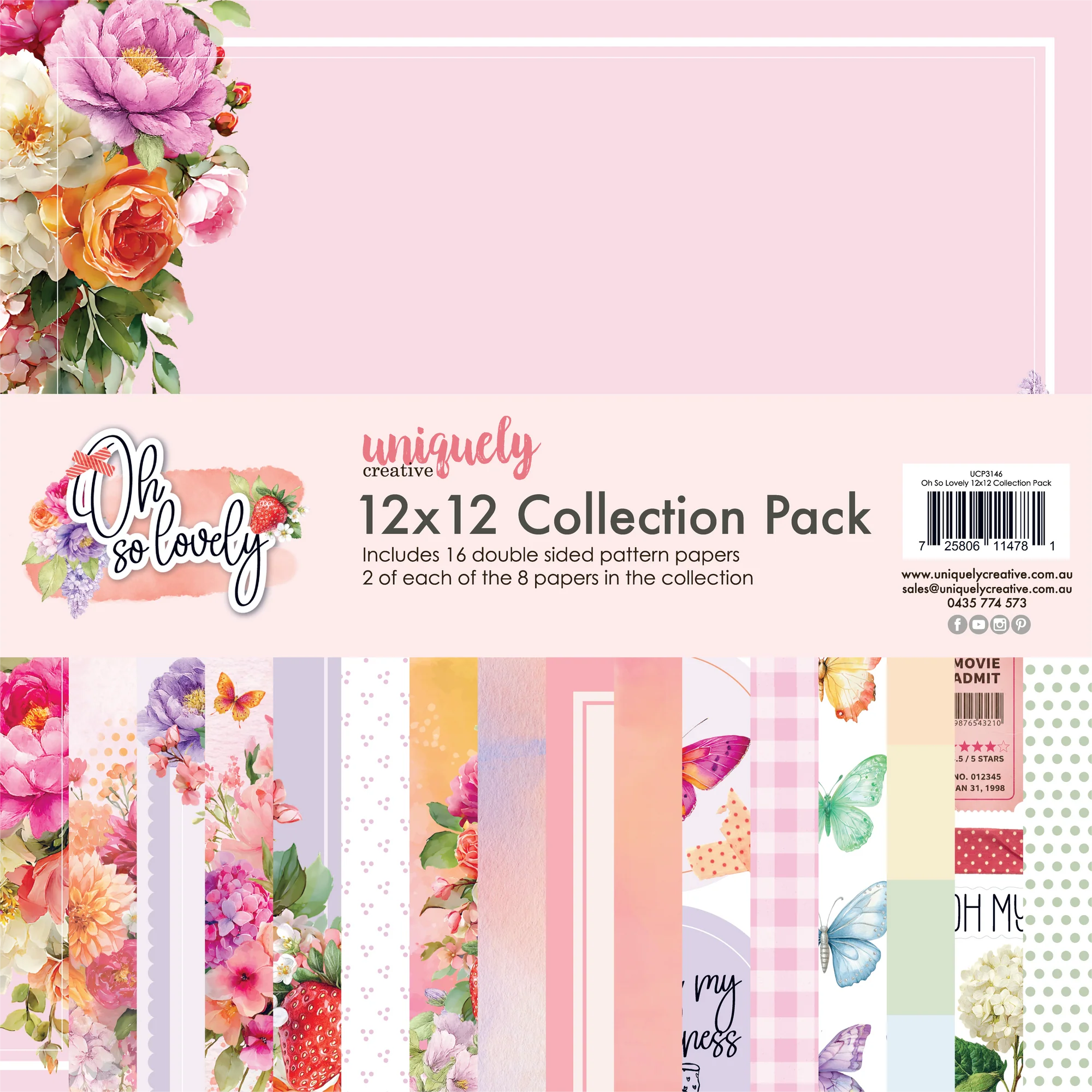 Collection pack with floral and patterned papers by Oh So Lovely and Uniquely Creative on a pink background.