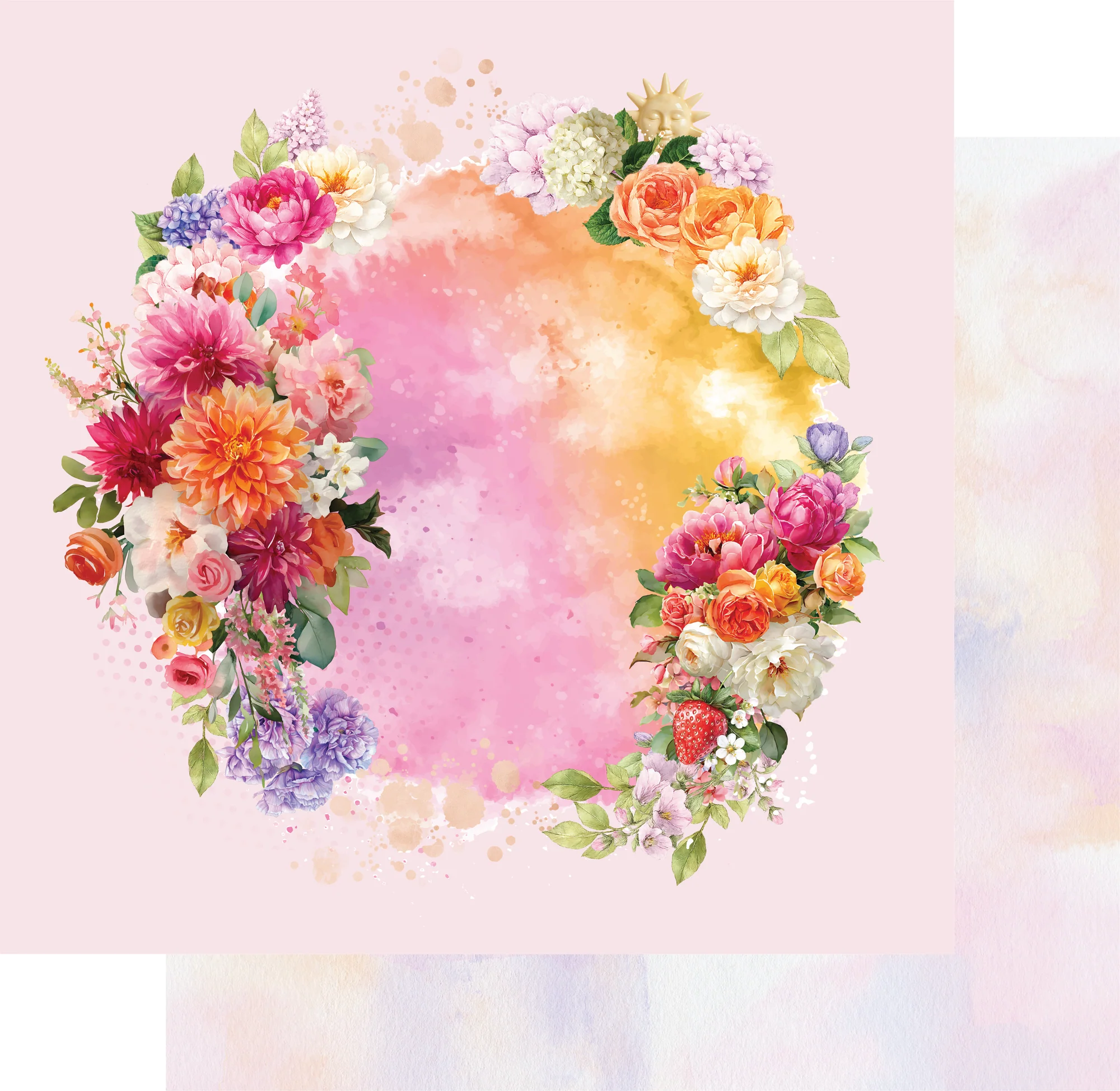 Floral wreath with colorful flowers on a watercolor background