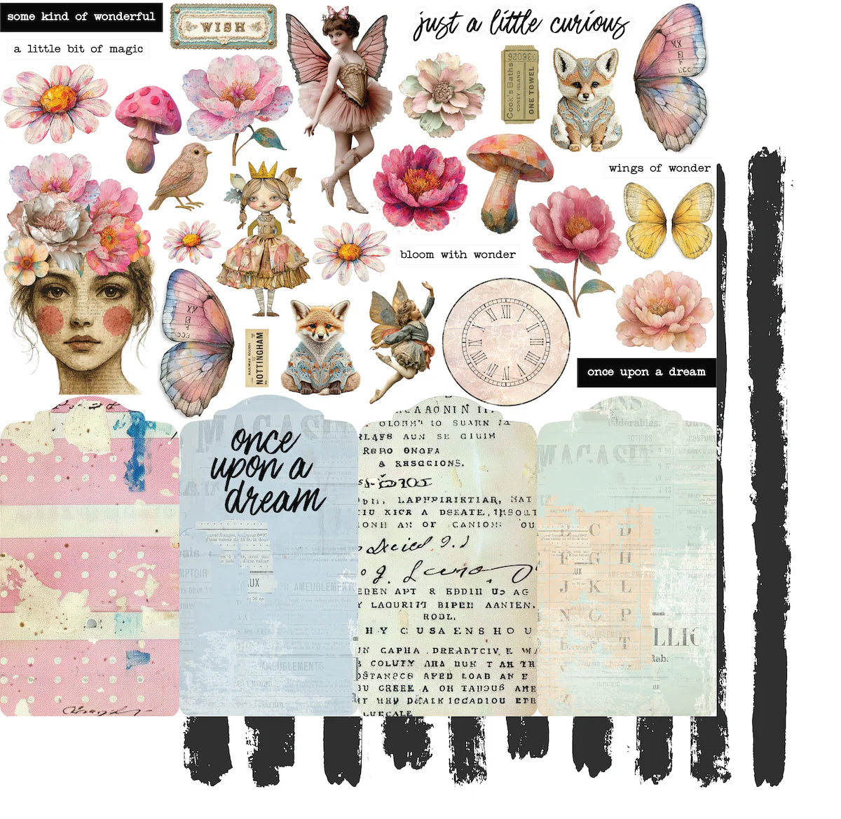 Collage of fairy, flowers, and vintage-style text on a white background
