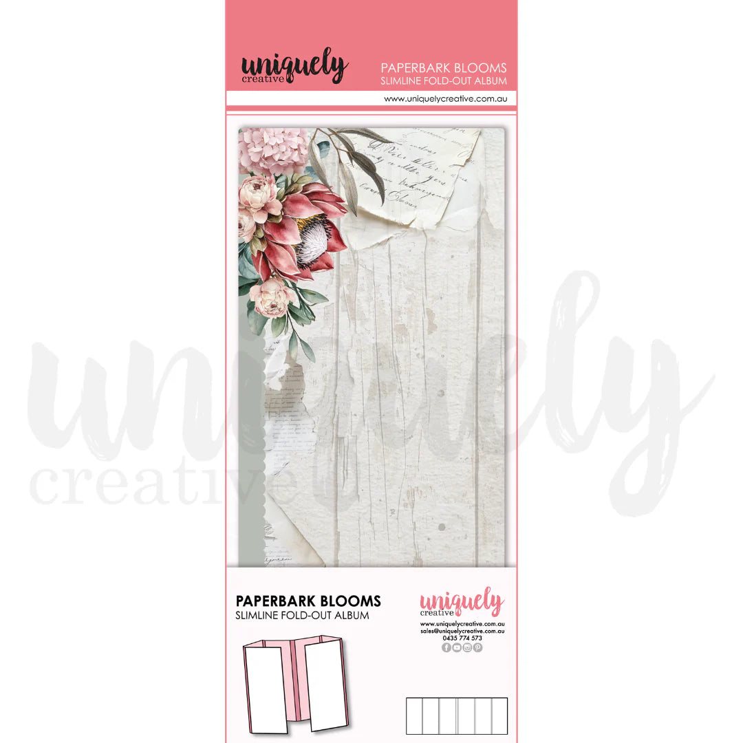 Packaging of a 'Paperbark Blooms' album by uniquely creative with floral design on a white background.