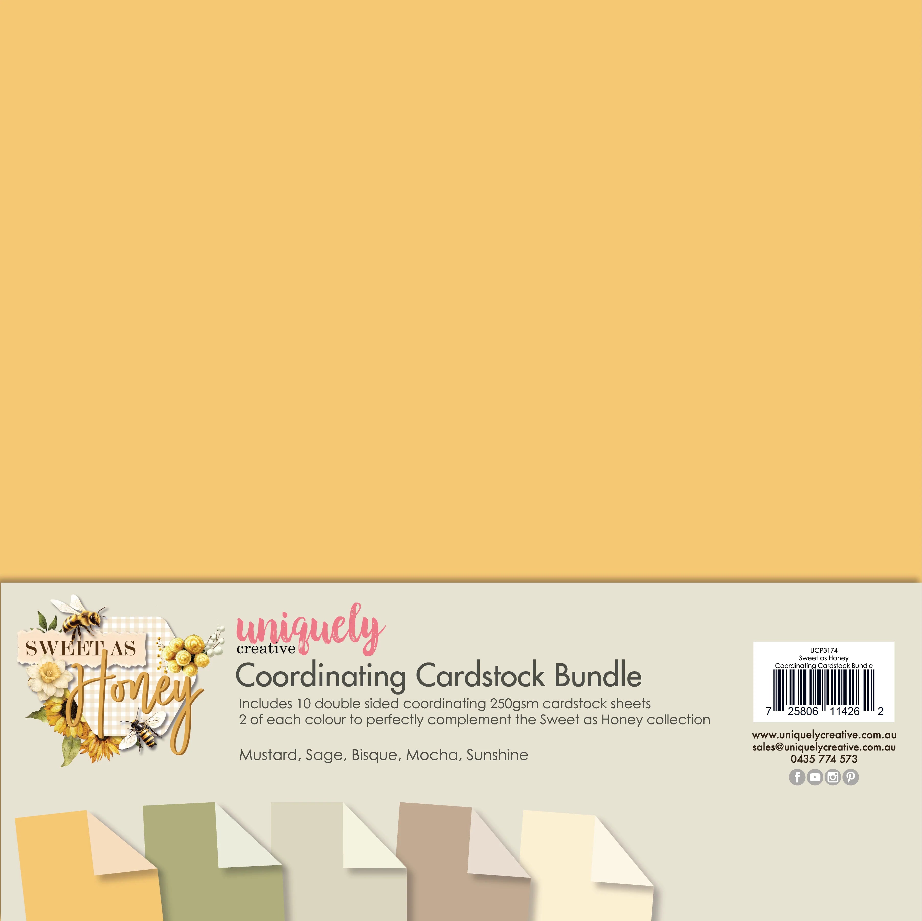 Cardstock bundle packaging with a yellow sheet and branding details.