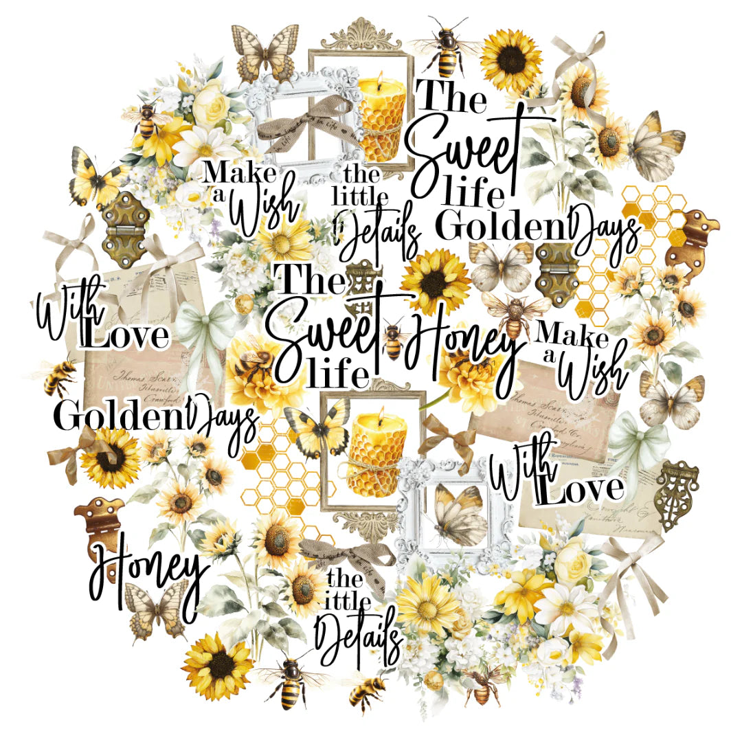 Collage of sunflowers, butterflies, and text on a white background