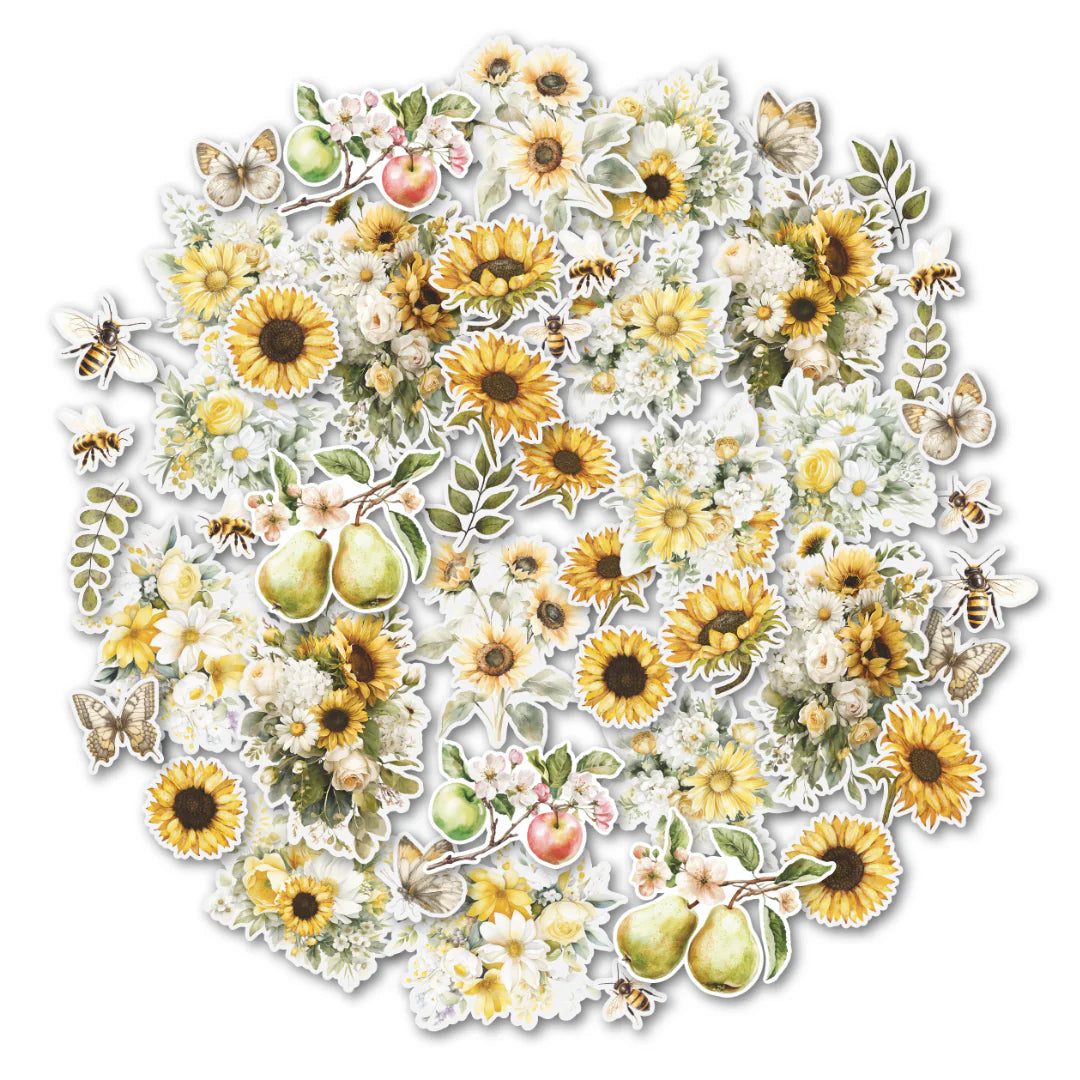 Collection of sunflower, apple, and pear stickers on a white background