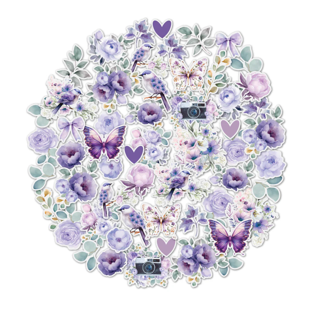 Collection of purple flowers, butterflies, and hearts arranged in a circular pattern on a white background.