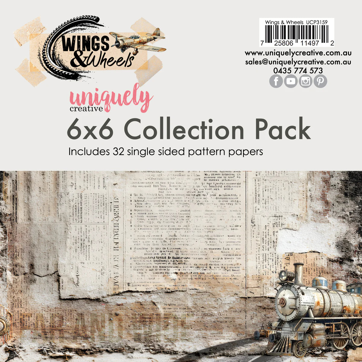 Wings & Wheels uniquely creative 6x6 Collection Pack featuring 32 single-sided pattern papers with a vintage steam train and newspaper design.