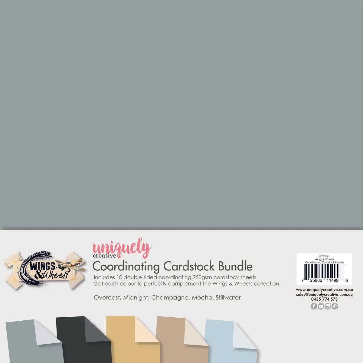 Front cover of a cardstock bundle package from Wings & Wheel, featuring a large muted blue-gray color block at the top and a white lower section with product title text, barcode, and sample cardstock color previews.