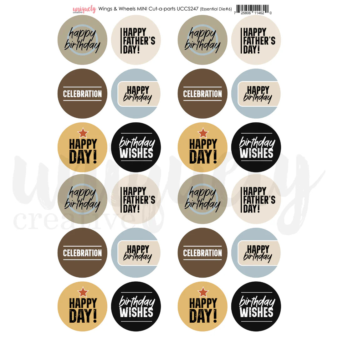 A sheet of round decorative stickers or labels with birthday and Father's Day themed text, including phrases like 'happy birthday,' 'happy father's day!,' 'celebration,' and 'happy birthday wishes,' shown on a white background.