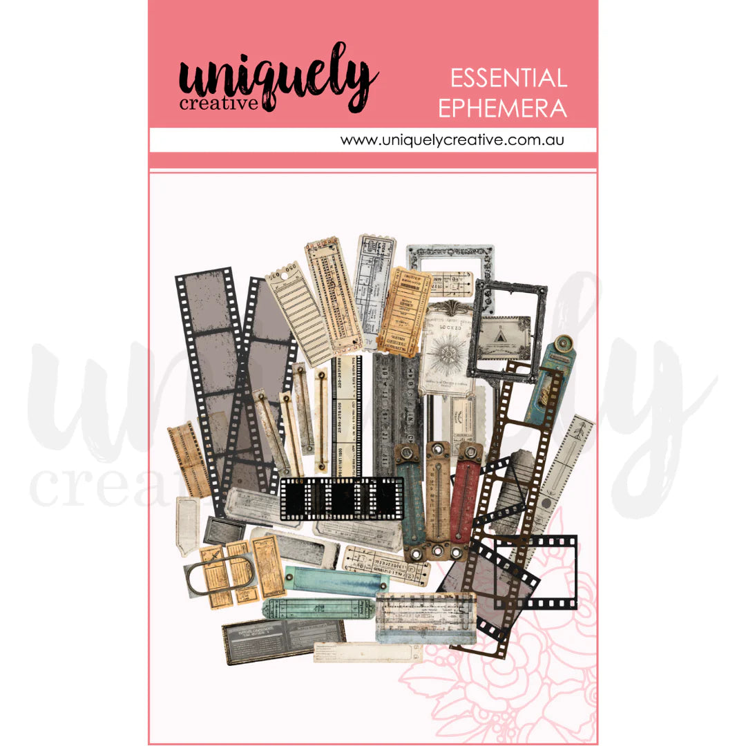 A product card for 'Essential Ephemera' ephemera paper from the brand 'Uniquely Creative', showing a collection of vintage-style paper strips, film reels, and frames in muted neutral and earthy tones.