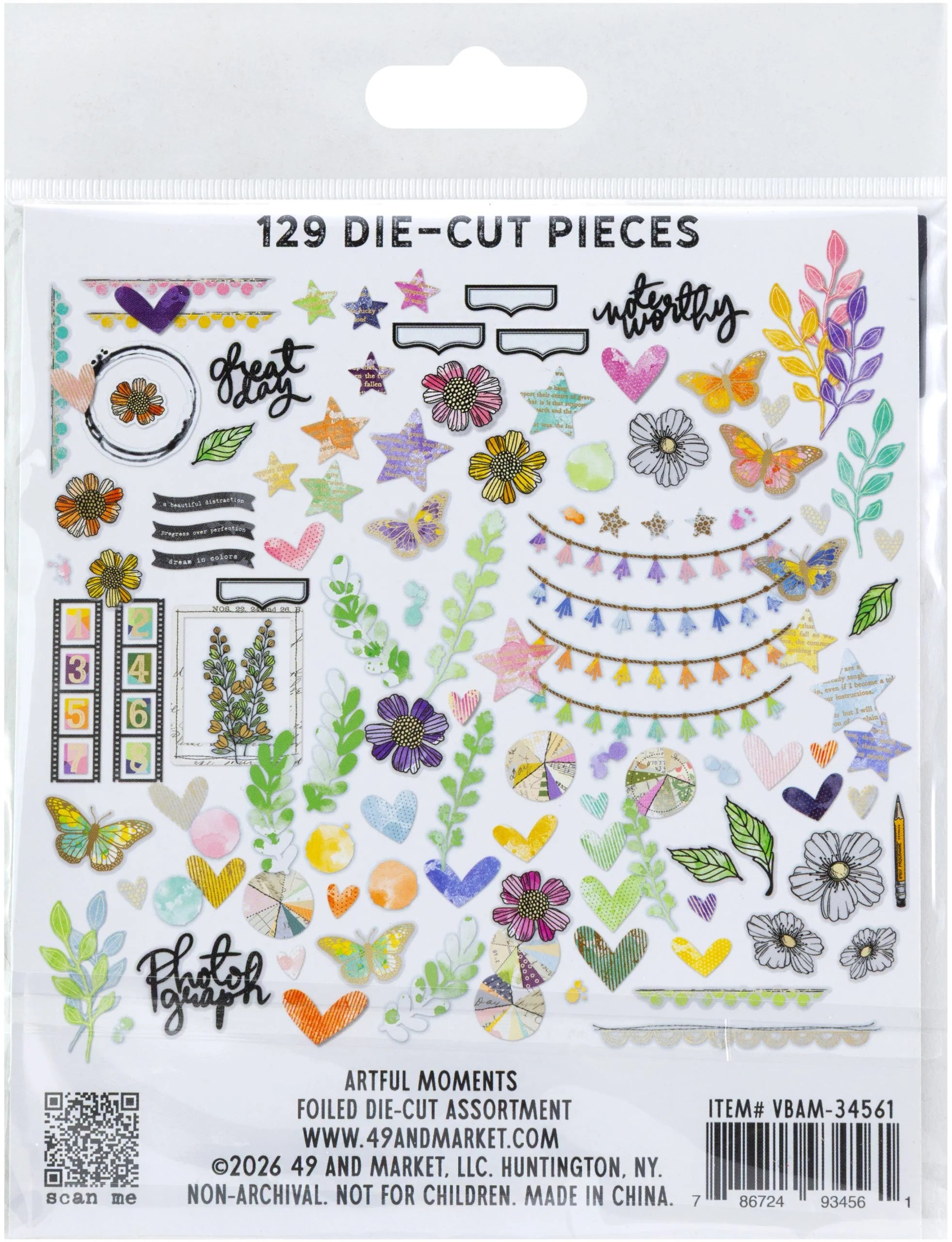 Packaging of die-cut pieces with colorful designs on a white background