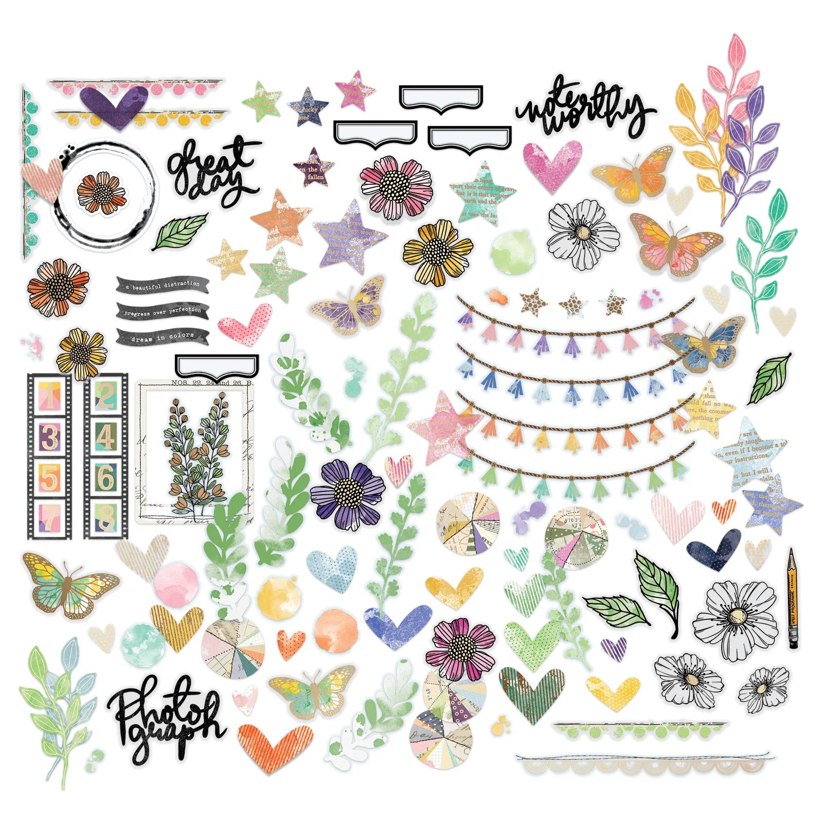 Collection of colorful decorative stickers with flowers, butterflies, and text on a white background