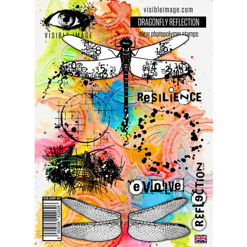 A sheet of clear photopolymer stamps featuring dragonfly designs and abstract watercolor splashes. The stamp set includes a large dragonfly with patterned wings, two smaller dragonflies at the bottom, an eye motif, black ink splatters, and words like 'RESILIENCE', 'evolve', and 'REFLECTION'.