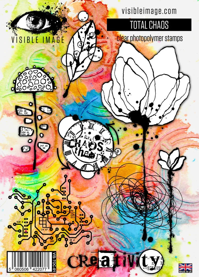 Clear photopolymer stamps with artistic designs on a colorful background, featuring the brand 'Visible Image'.