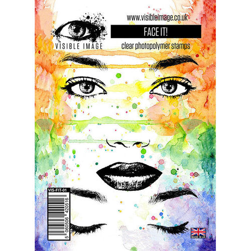 Visible Image 'Face It!' clear photopolymer stamp packaging, featuring a colorful watercolor face illustration with black ink details, a barcode, and the product name and website printed at the top.