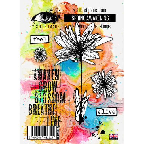 Visible Image 'Spring Awakening' stamp set packaging featuring black ink floral and text elements over a vibrant multicolor watercolor background with the words 'feel', 'awaken', 'grow', 'blossom', 'breathe', 'alive'.
