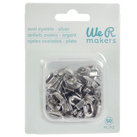 Pack of silver oval eyelets with 'We R Makers' branding on a white background