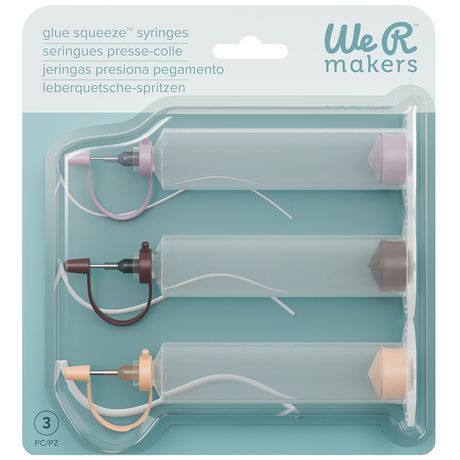 Set of three glue squeeze syringes in packaging with 'We R Makers' branding.
