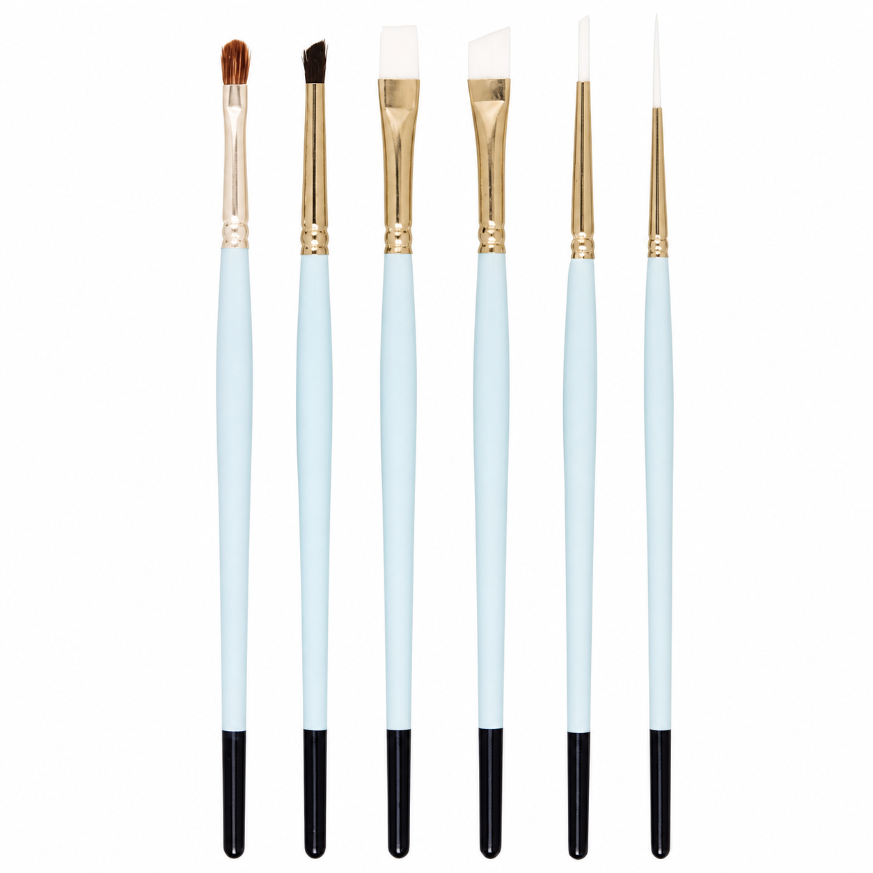 Six paintbrushes with light blue handles, gold ferrules, and black ferrules, arranged vertically on a plain white background.