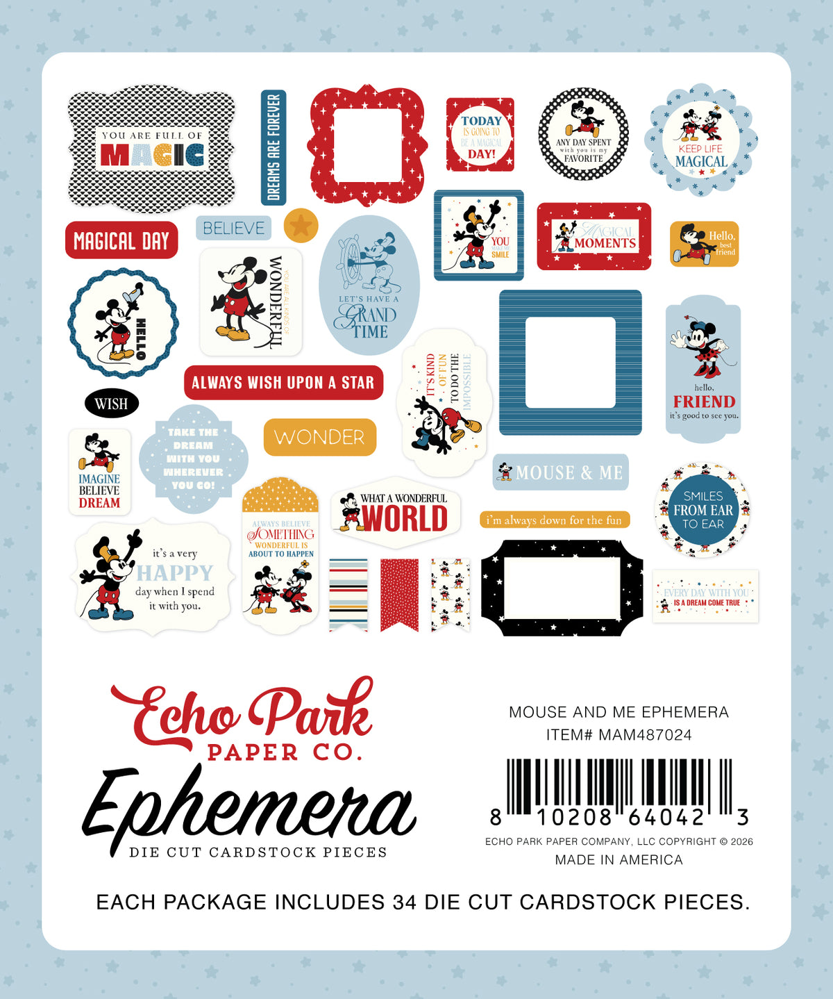 Back of the Echo Park Mouse And Me ephemera pack showing the 34-piece contents, item number MAM487024 and barcode