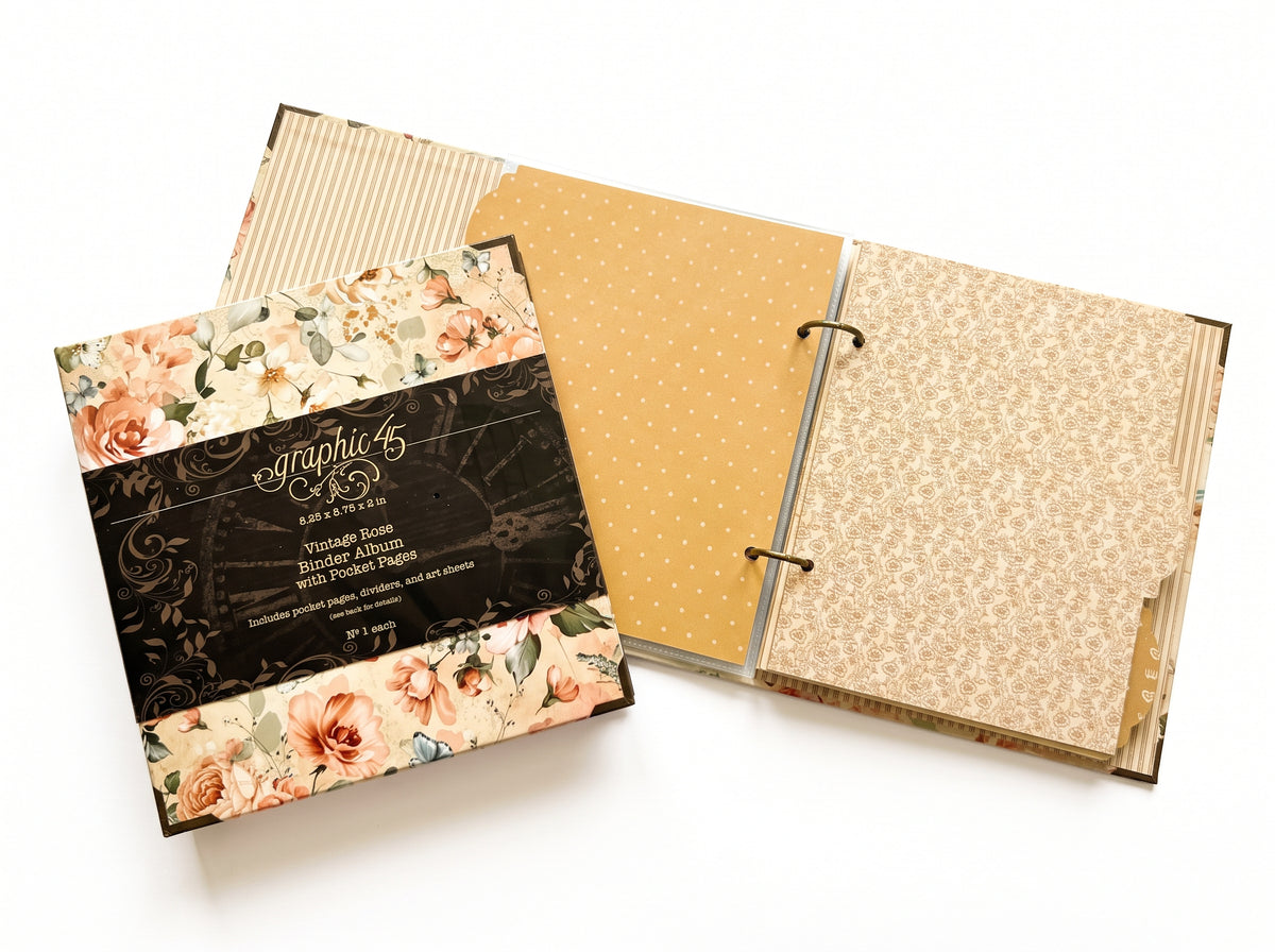 Open Graphic 45 Vintage Rose binder album showing patterned pages and pocket inserts