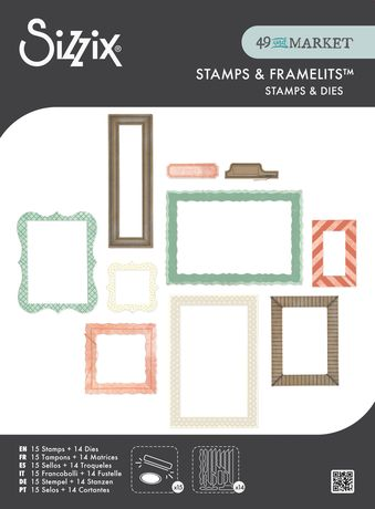 Sizzix stamps and framelets packaging with various frame designs on a white background