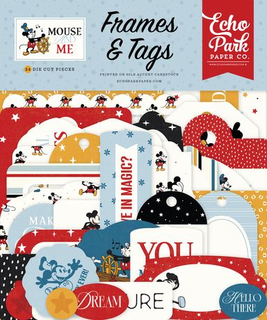 Echo Park paper collection with 'Mouse & Me' design featuring Mickey Mouse-themed frames and tags.