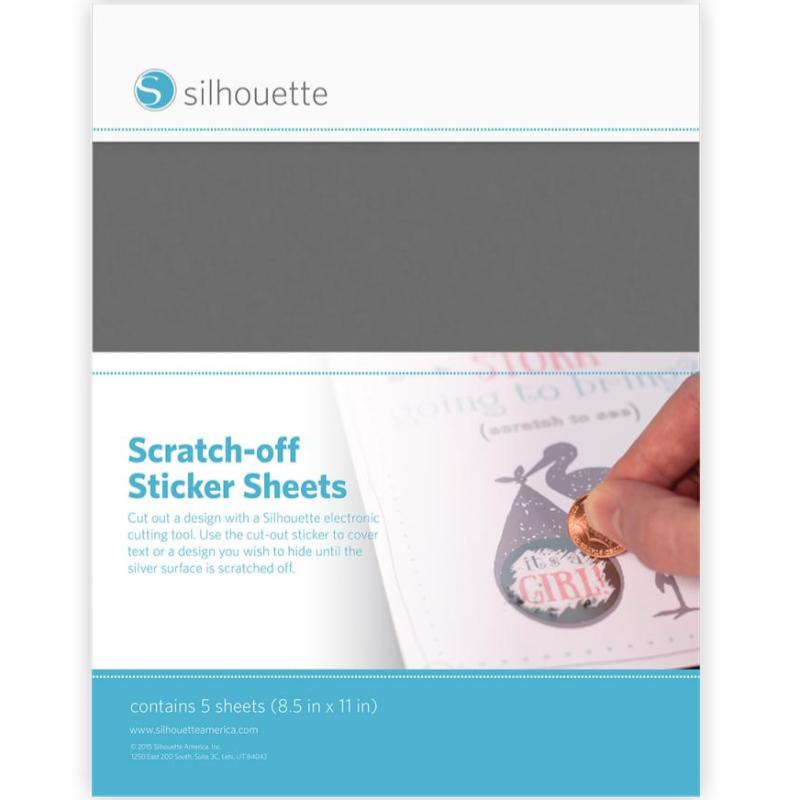 Silhouette silver scratch-off sticker sheets packaging showing the five-sheet pack and a scratch-off example