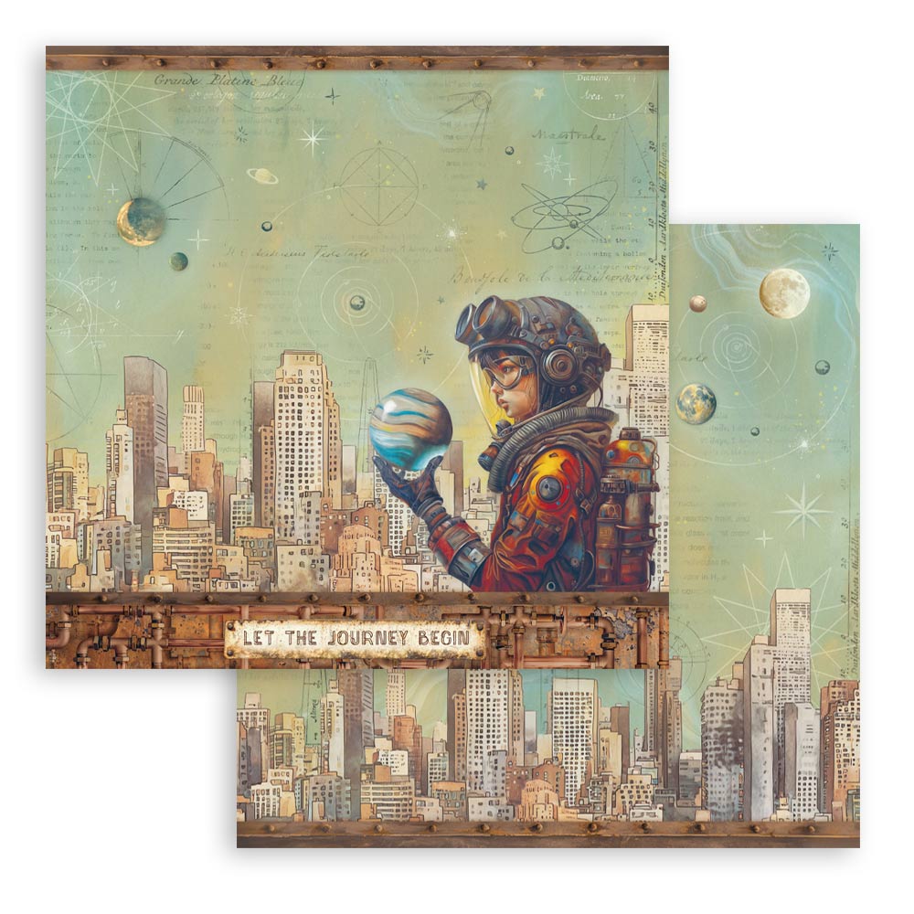 Stamperia A New Beginning double-sided 8 x 8 inch scrapbook paper with astronaut city design and space-themed reverse