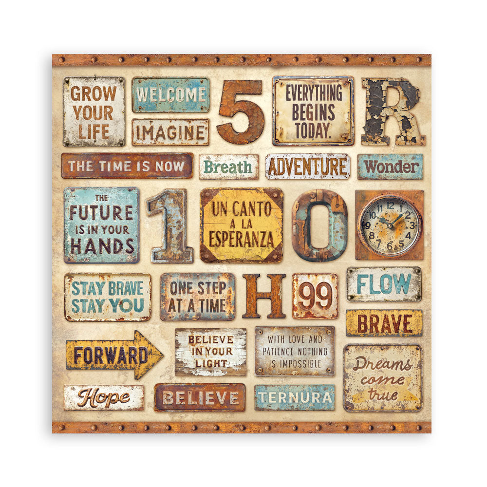 Stamperia A New Beginning 8 x 8 inch scrapbook paper with vintage industrial sentiment cut-apart designs