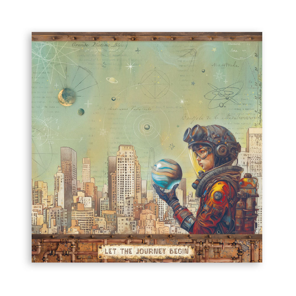 Stamperia A New Beginning 8 x 8 inch scrapbook paper with astronaut holding a planet beside a city skyline