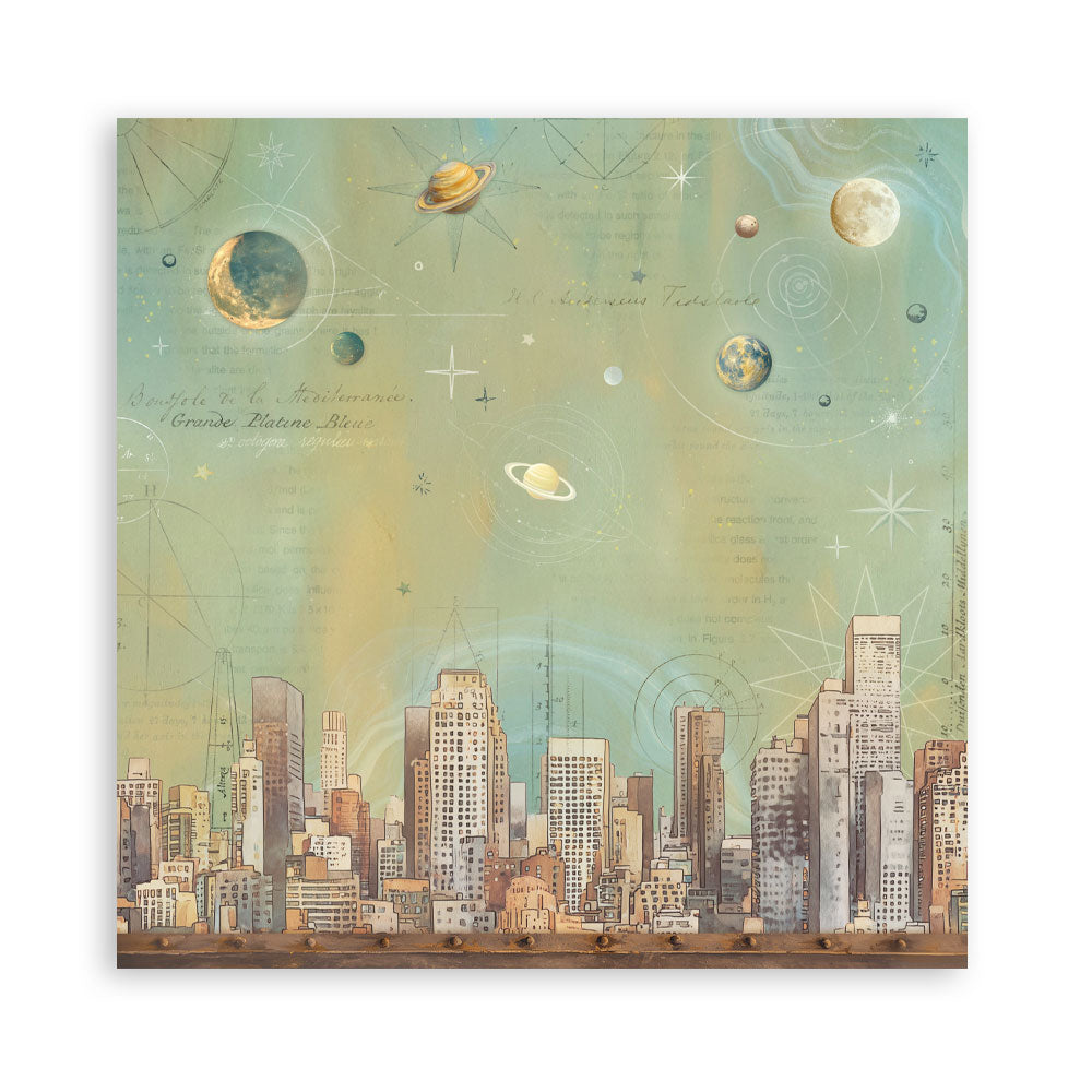 Stamperia A New Beginning 8 x 8 inch scrapbook paper with city skyline, planets and celestial background