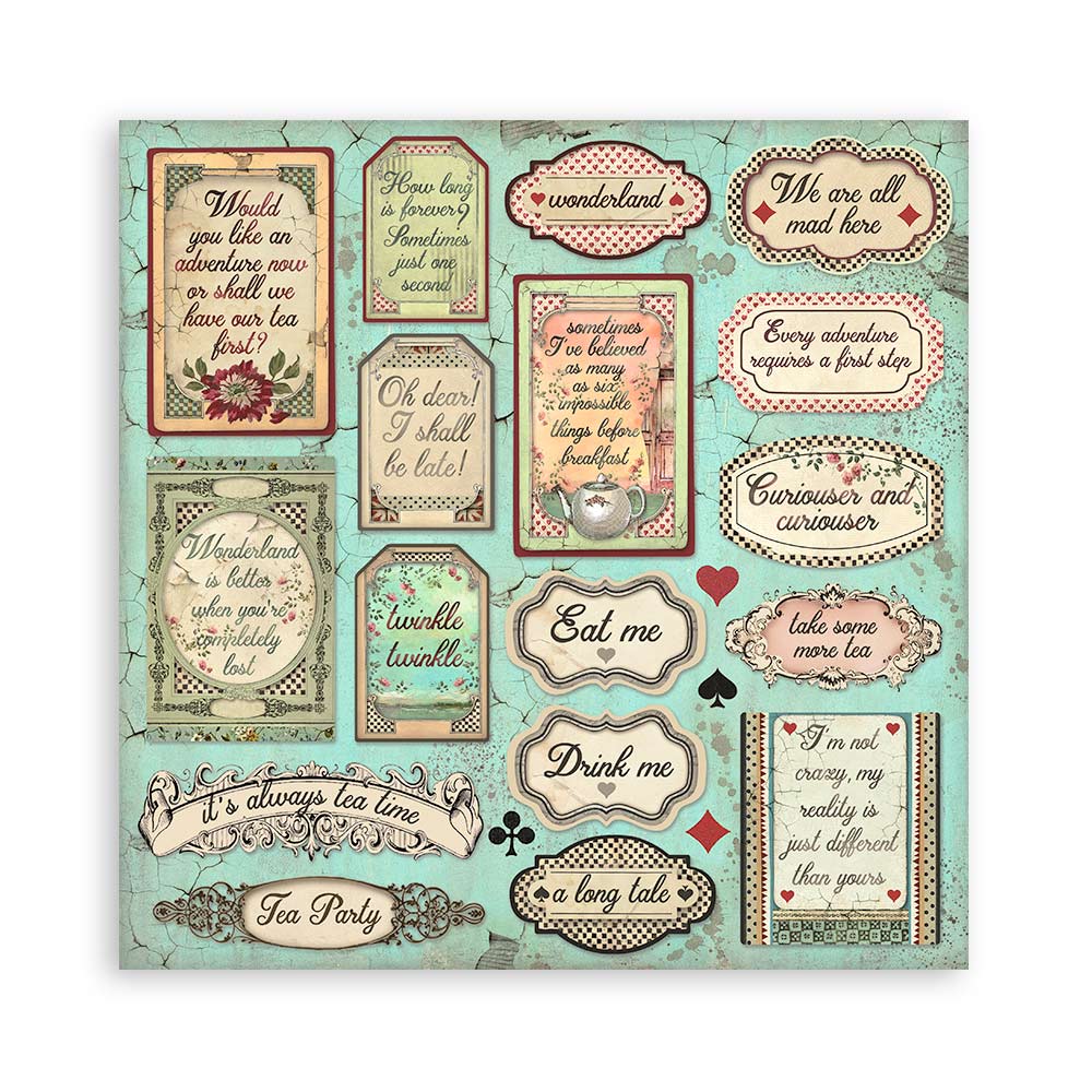 Stamperia Alice collection 12 x 12 inch cut-apart scrapbook paper with Alice in Wonderland sentiments