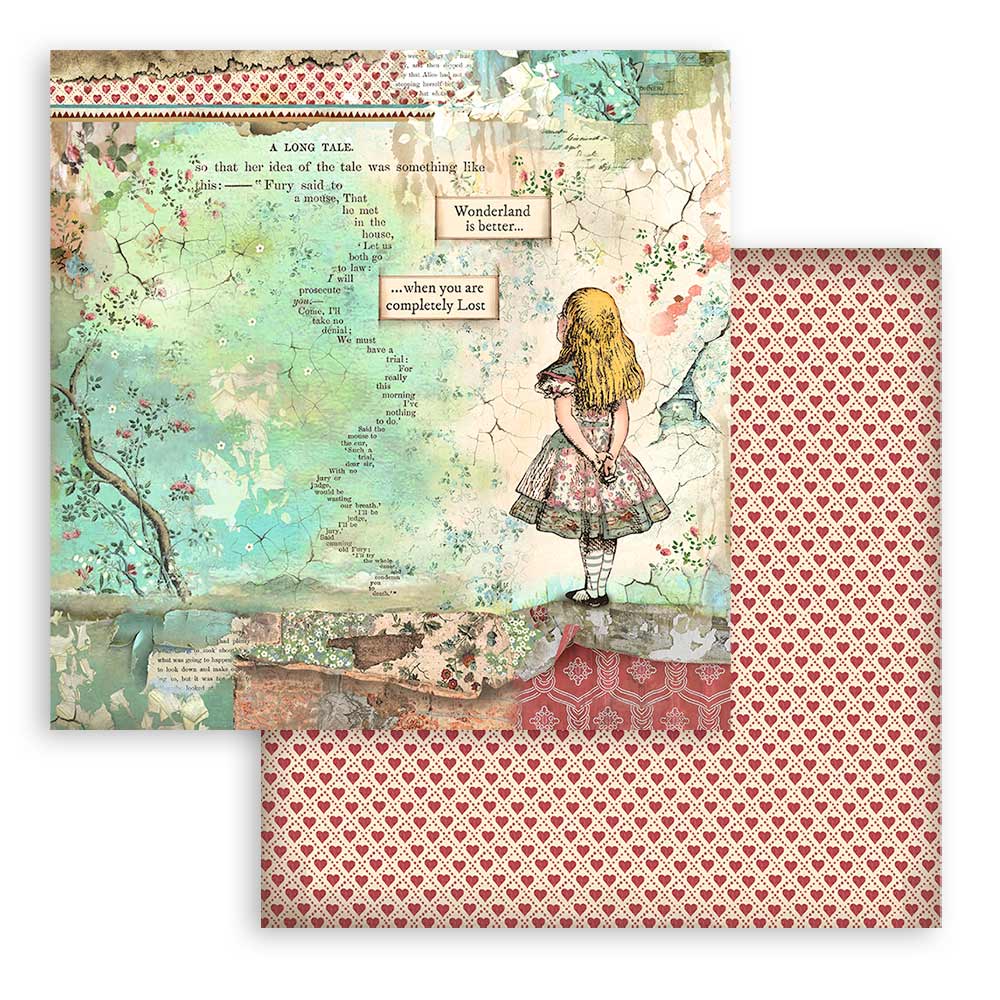Stamperia Alice collection double-sided scrapbook paper with Alice illustration and red heart pattern reverse