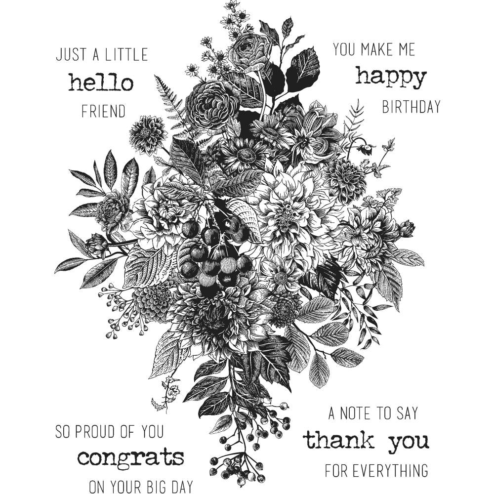 Tim Holtz Cling Rubber Stamp Set - Glorious Bouquet with Grid Block